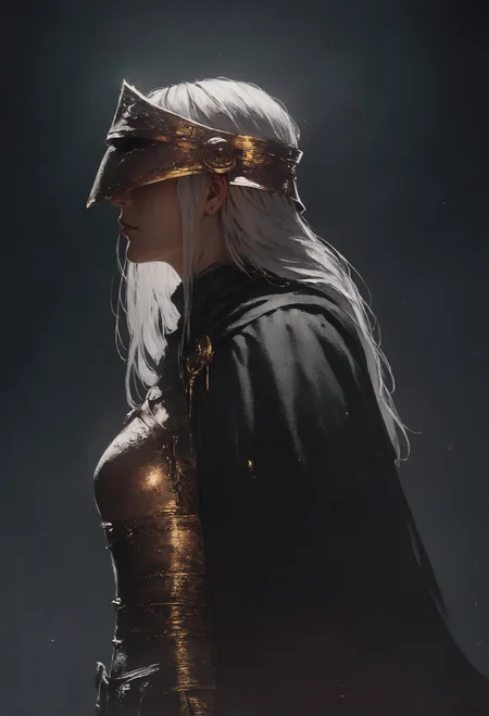 score_9, score_8_up, score_7_up, side view, female, dark knight, long white hair, beautiful face, bulky, heavy, visor helmet, medieval, dark theme, armor, golden sword, golden trim, black cape <lora:pony/concept_art_ultimatum_style:0.8> <lora:sdxl/sinfully_stylish_sdxl>