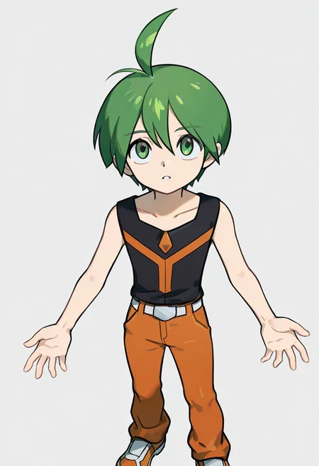 1 boy, aaron, green eyes, green hair, ahoge, black sleeveless shirt, orange pants, white with orange shoes, belt<lora:EMS-380018-EMS:1.000000><lora:ghost-pose-ponyxl-lora-nochekaiser:1>, looking up,cowboy shot,from above, looking at viewer,