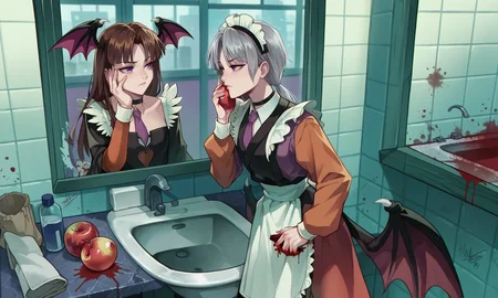 score_9, score_8_up, score_7_up, source_anime, diffRef, hair bow, off shoulder, kneehighs, jacket, collared shirt, grey hair, ribbon, cross hair ornament, hair intakes, low twintails, animal ears, holding fruit, black choker, androgynous, asymmetrical legwear, morrigan aensland, brown hair, sink, maid apron, blood, purple kimono, purple eyes, pants pull, siblings, hand on own face, lamppost, naginata, phone, necktie, window, blood splatter