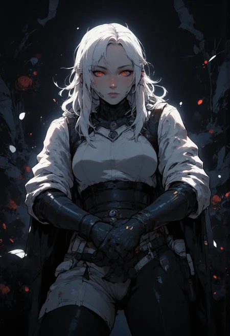 This is a digital illustration in a fantasy art style, featuring a woman. The woman has a cold aesthetic, complimented by her white hair. Anime art of woman draped in shadows with a lighting that enhances her unique features. The background is, filled with black rose petals.