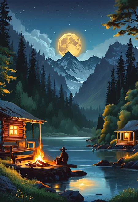 A captivating night scene illustration featuring a beautiful scene of the great out doors in the pacific northwest.. There are great mountains, pine forests, and rivers and some log cabions. It is an outdoorsman's dream. This enchanting artwork captures a serene and peaceful night, where the moon is just starting to rise over the beautiful landscape of The Pacific Northwest, creating a cinematic experience., illustration, cinematic
<lora:DonM3t3rn1tyXL-v1.1:0.7>, DonM3t3rn1tyXL,
OverallDetailXL <lora:MJ52:0.3> <lora:SDXLFaeTastic2400:0.4> <lora:EpicF4nta5yXL:0.7>