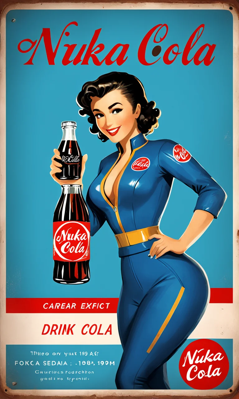 poster of a woman wearing blue vault suit holding a soda, text "Drink Nuka Cola", falloutpostsdxl,<lora:falloutpostsdxl:0.8>, cleavage, 1960s \(style\),