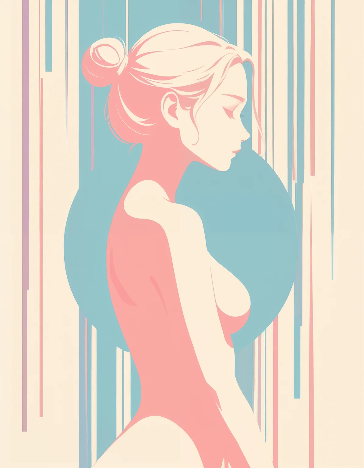 minimalistic, flat color, no lineart, 1girl, side view, silhouette, hair bun, perfect body, nude, naked, simple colorful background