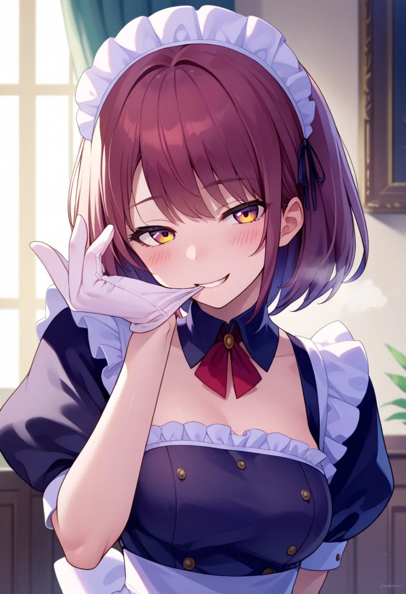 score_9, score_8_up, score_7_up, source_anime, 1girl, glove biting, mouth hold, <lora:AdjustingGlovesWithLips_XLPD:0.9>, upper body, Maid, ,  gloves, seductive smile, indoors, blush, steaming body,