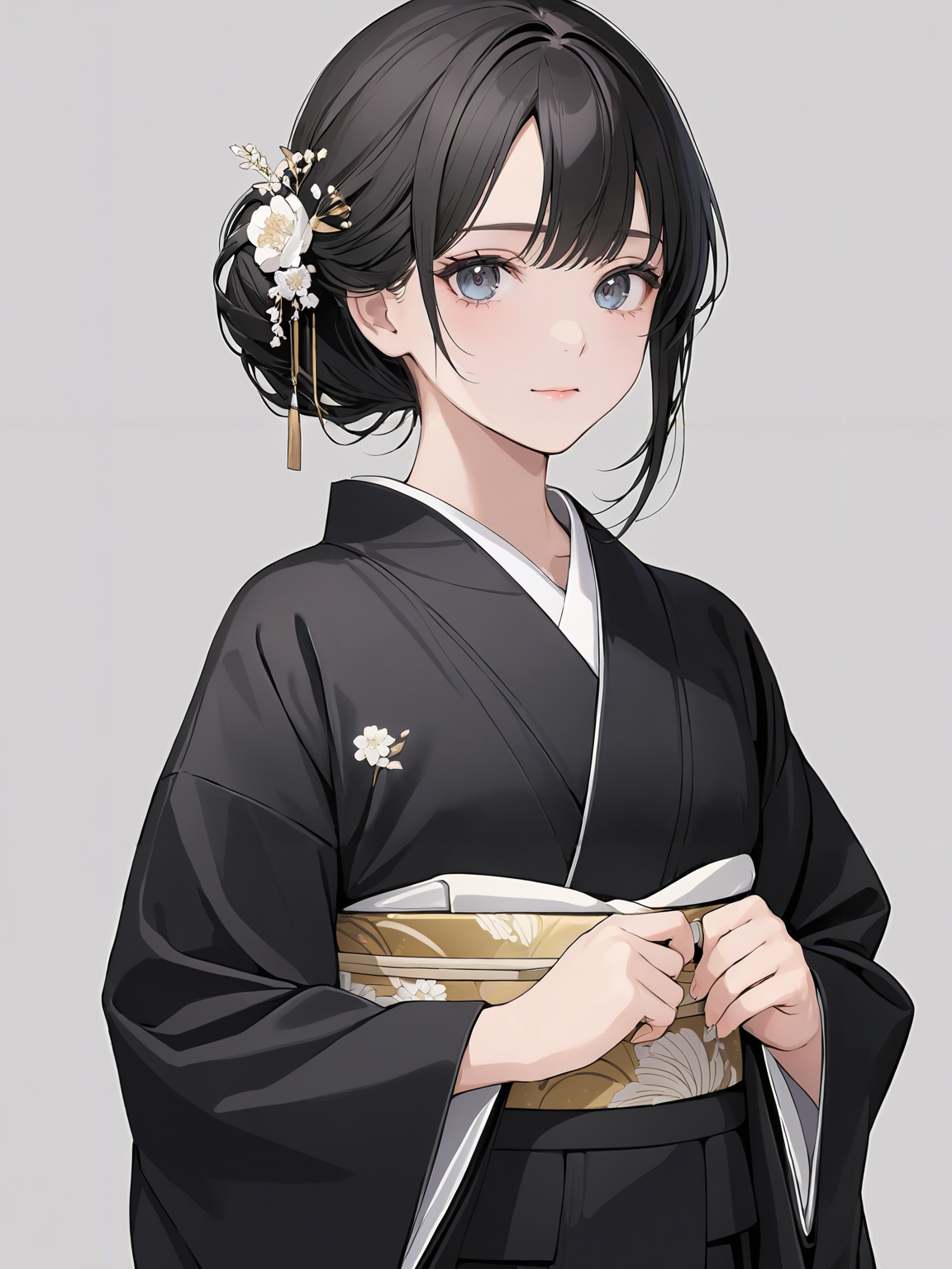 masterpiece,ultra-detailed,best quality,8K,illustration,cute face,clean skin ,shiny hair,girl,ultra-detailed-eyes,simple background, <lora:add-detail-xl:1> <lora:tomesode_XL_V1.0:0.7> tomesode, black kimono, obi