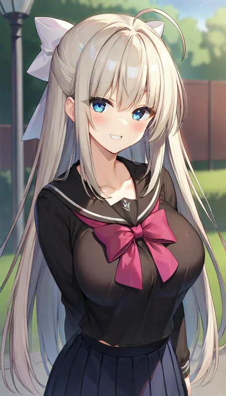 score_9,score_8_up,score_7_up,score_6_up BREAK official art,solo,outdoors,upper body,(portrait:1.5),looking at viewer,facing viewer,smile,blush,Ghost,ahoge,very long hair,white hair,hair bow,white bow,hair ribbon,white ribbon,sidelocks,bangs,blue eyes,school uniform,black sailor collar,pink bowtie,black shirt,long sleeves,large breasts,black skirt,pleated skirt,black pantyhose,loafers,<lora:Ghost(pa)-Pony:1.2>,