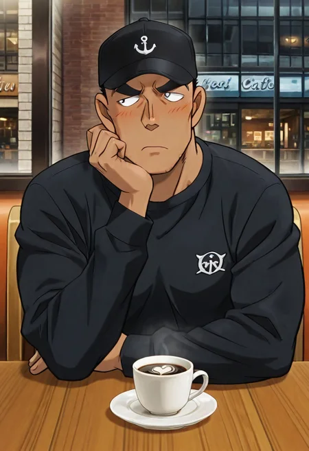 Anime, quality,high quality,masterpiece,extremely detailed,correct anatomy,best aesthetic, detailed face, (EyesHD), (solo), 1man,crew cut, (man in 20's, shaved face, solid pupils:1.5, black short hair, Date Wataru, muscular body), tanned skin, large pectoral, big taller_male, (black hoddie with long sleeve:1.5, jeans,, navy baseball cap, blush, shy face, resting chin on hand, sitting on wooden chair, coffee on table, in cafe, side window, city street, whole body, looking away), (opened mouth:1.5)