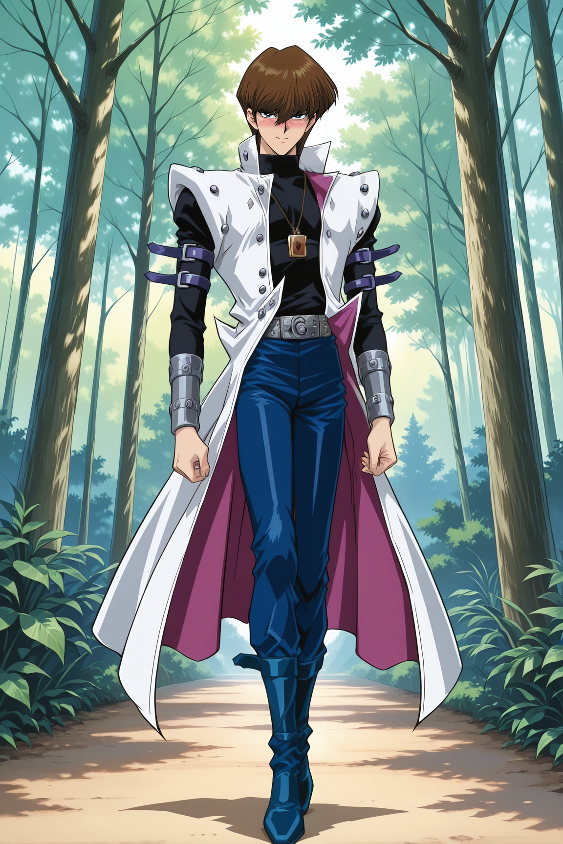 masterpiece,best quality,amazing quality, SetoKaibaYGOILXL, retro artstyle, 1boy, blue eyes, brown hair, short hair, hair between eyes, pectorals, turtleneck, white coat, open coat, black shirt, long sleeves, arm belt, necklace, guantlets, grey belt, blue pants, blue shoes, solo, full body, standing, seductive smile, looking at viewer, naughty face, nose blush, forest, tree   <lora:SetoKaibaYGOILXL:1>