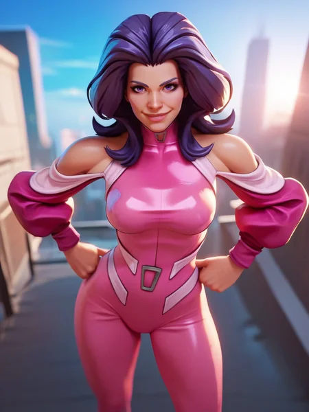 score_9, score_8_up, score_7_up, 1girl, leaning forward, cute pose, cowboy shot, (dynamic pose:1.1), dynamic angle, light smile, hands on hips, city, sunlight,,,
<lora:APsylockePink_character:0.8>, PsylockeXL, purple hair, purple eyes, long hair, clothing cutout, shoulder cutout, detached sleeves, pink bodysuit, makeup, bodysuit, <lora:2XKO_style-10:0.8>, 2XKO,,