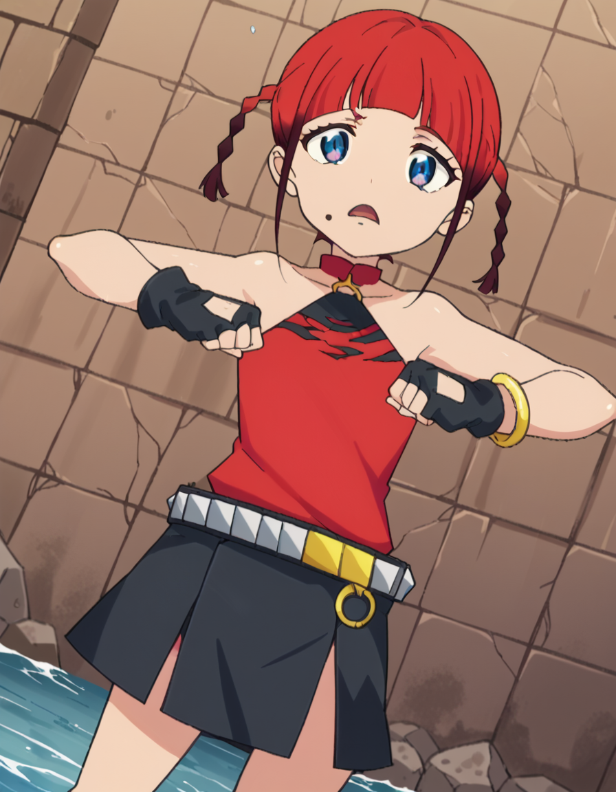 score_9, score_8_up, score_7_up, source_anime, <lora:chise-asukagawa-s1-ponyxl-lora-nochekaiser:1>, chise asukagawa, short hair, blue eyes, braid, red hair, multicolored hair, mole, twin braids, gradient hair, mole under mouth, anime screencap,, skirt, gloves, bare shoulders, jewelry, belt, fingerless gloves, bracelet, sleeveless, red shirt, black skirt,, dam, water, concrete, structure, height, , <lora:mochi-mochi-ponyxl-lora-nochekaiser:1>, mochi mochi dance, clenched hands, hands up,, looking at viewer, solo,, dutch angle, cowboy shot