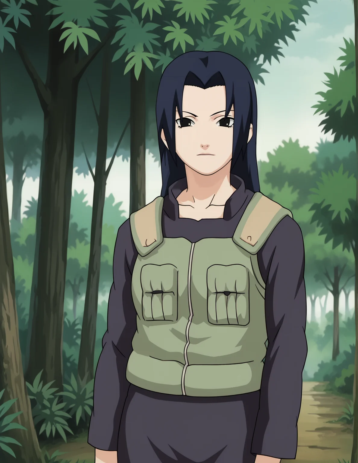 score_9, score_8_up, score_7_up, source_anime,anime screencap,anime coloring, intricate details,
uncensored,
mature female,
mikoto,1girl,long hair,black hair,uchiha mikoto,blue hair,black eyes,
large breasts,
looking at viewer,
green flak jacket,leaf forehead protector,vest,konohagakure symbol,
perfect anatomy,
scenery,outdoors, forest,
<lora:Mikoto_Uchiha:1>, <lora:Leaf_Jonin_Uniform:1>