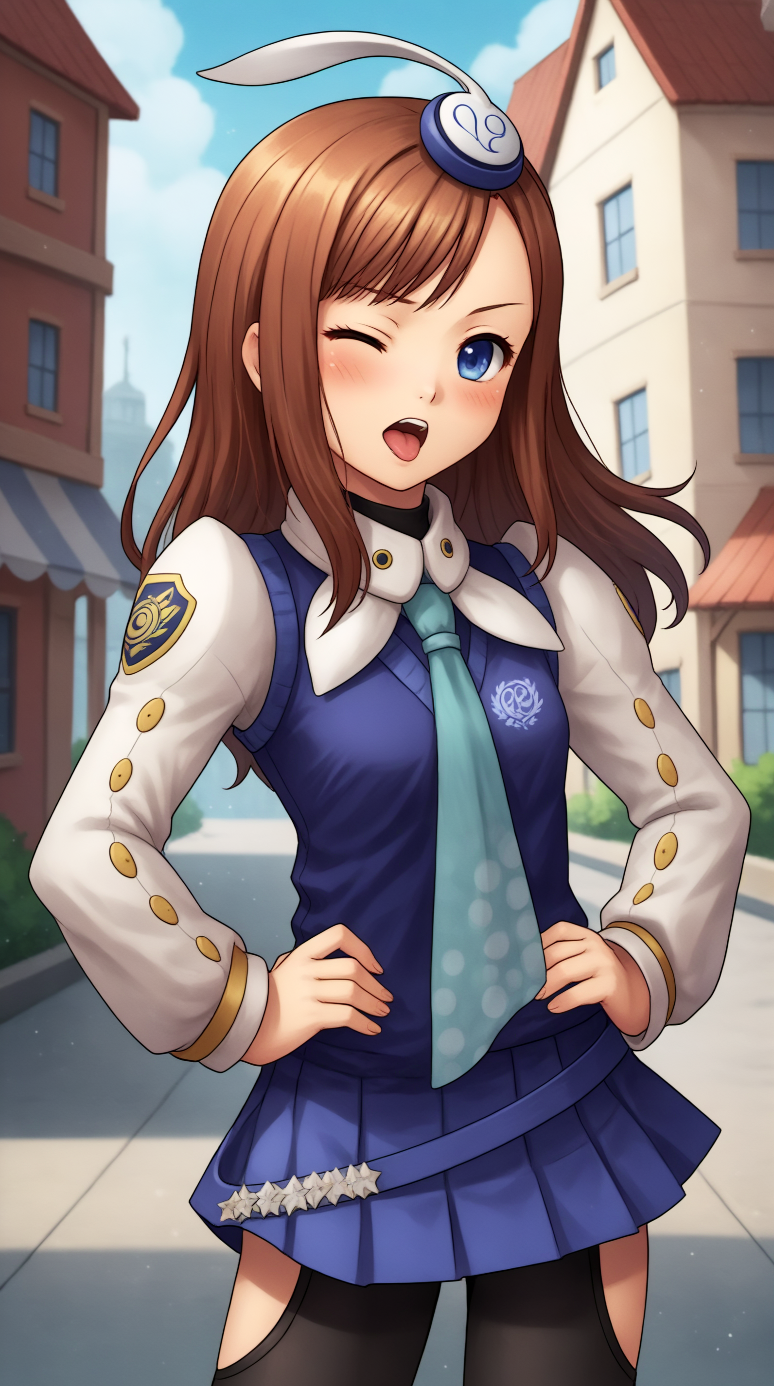 score_9, score_8_up, score_7_up, best background, detailed background, 4k, upscale, anime_source,  Lumia Waber, Main Outfit, solo, looking at viewer, blush, open mouth, outdoors, town, hands on hips, tongue out, one eye closed,  <lora:JN_Lumia_Waber_Pony:0.8>