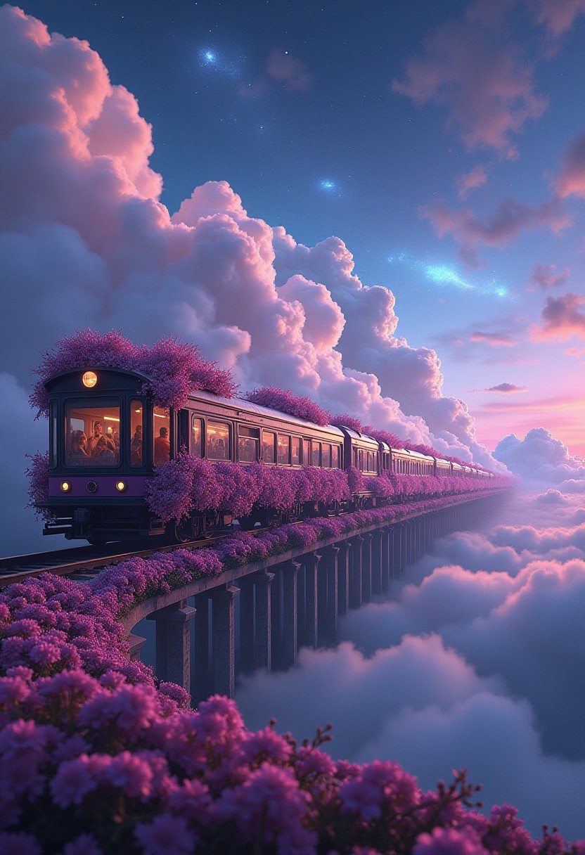 Hyperrealistic train detailed with blooming flowers, ethereal cloud animals with shimmering outlines, passengers gazing in awe, vast sky with swirling galaxies, cosmic colors (purples, blues, pinks), dramatic lighting, mystical atmosphere
