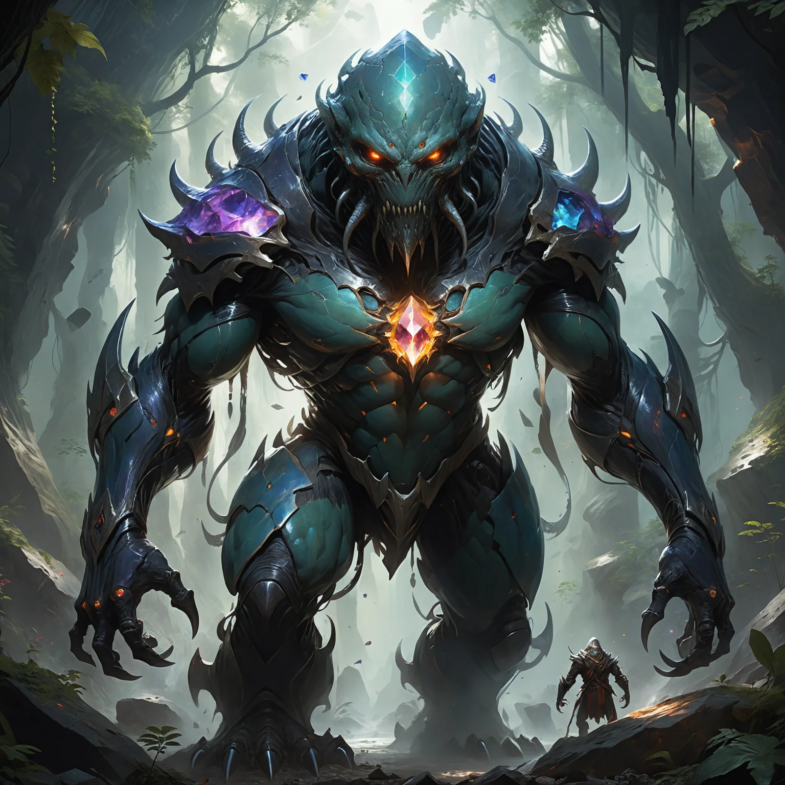 <lora:xl_more_art-full-xl:0.6>, <lora:add-detail-xl:2.0>, famous artwork (by wlop:1.3), detailed expressive eyes, fantasy style, the imposing repulsive scattergolem, a fantastical alien lormshmog with its colorful crystal plated hide is well adapted to hunt its prey, the grubby stankpogger in the (shimmering crystalline:1.2) forests of the psionitoring and (vast underground caves:1.2) on planet grobshnuggler iii, ultra high detail, ultra realistic, 8k