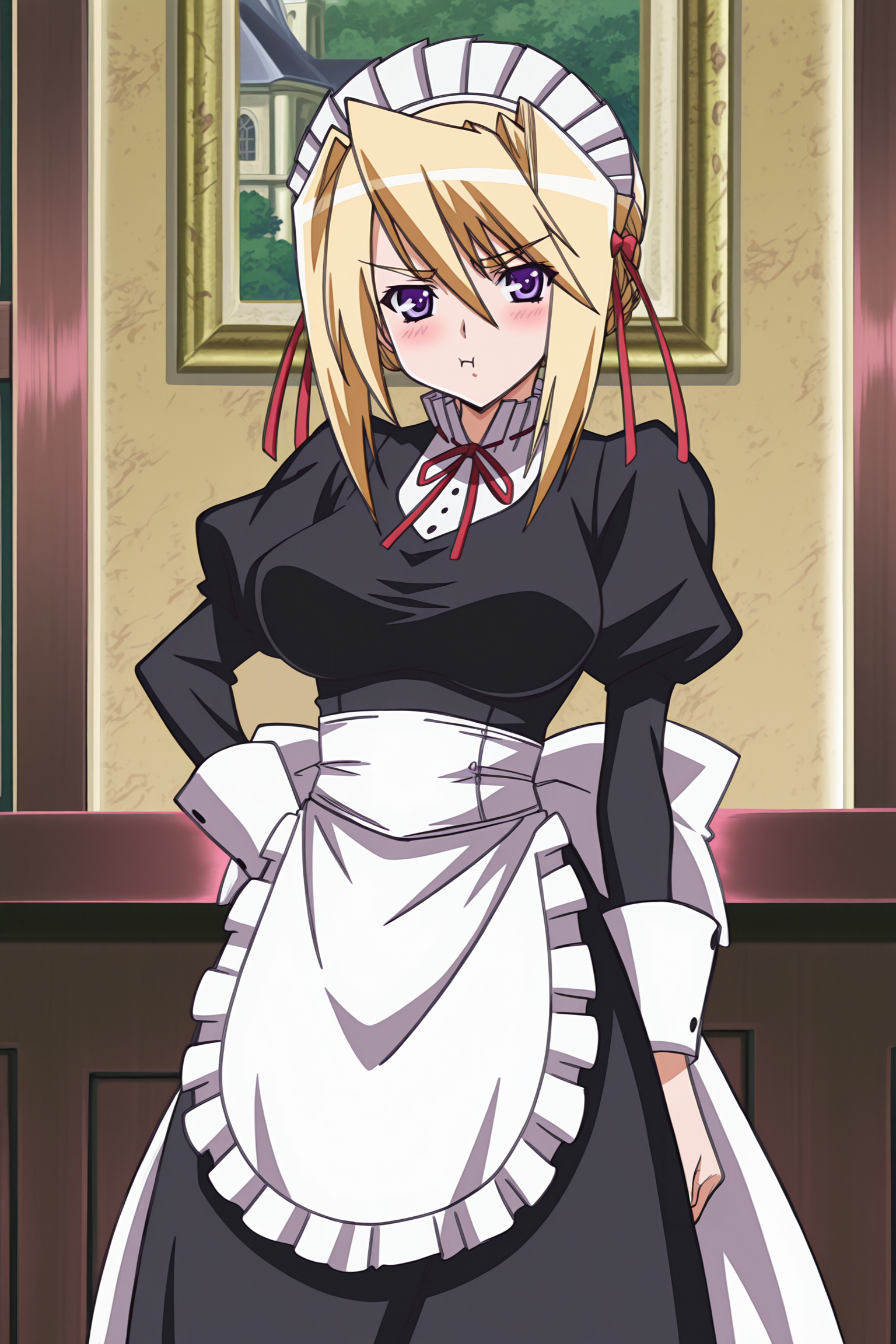 anime screencap, anime coloring, detailed face, masterpiece, best quality, very aesthetic, absurdres, official style, amazing quality, ultra detailed,  highres, amazing quality, scenery, beautiful detailed hair, beautiful detailed eyes,
<lora:StS-Illustrious-Detail-Slider-v1.0:4>
girl is 18 years old,
 <lora:Sylvia_van_Hossen_ft._Yuu_Fujikura_and_Maria_van_Hossen_Princess_Lover_OVA:1>
Sylvia maid (outfit), Sylvia van Hossen (character), 1girl, blonde hair, maid, purple eyes, blush, maid headdress, apron, ribbon, looking at the viewer, cute pout, :T cowboy shot,
in a fancy mansion
