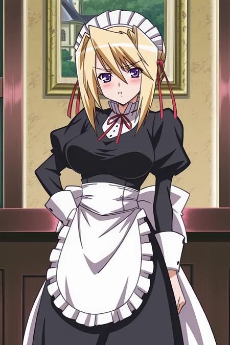 anime screencap, anime coloring, detailed face, masterpiece, best quality, very aesthetic, absurdres, official style, amazing quality, ultra detailed,  highres, amazing quality, scenery, beautiful detailed hair, beautiful detailed eyes,
<lora:StS-Illustrious-Detail-Slider-v1.0:4>
girl is 18 years old,
 <lora:Sylvia_van_Hossen_ft._Yuu_Fujikura_and_Maria_van_Hossen_Princess_Lover_OVA:1>
Sylvia maid (outfit), Sylvia van Hossen (character), 1girl, blonde hair, maid, purple eyes, blush, maid headdress, apron, ribbon, looking at the viewer, cute pout, :T cowboy shot,
in a fancy mansion