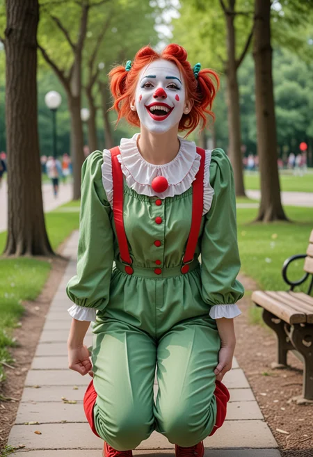 (medium full shot) of  (desirable clown) young woman, red plastic nose, white face paint, hair in pigtails,  wearing a green  ruffled blouse,colorful jumpsuit,red oversized shoes, polka-dot suspenders, big red smile, set in  public park, Meditation Grove, Serene area with tall trees, stone benches, soft ground coverings, wind chimes, subtle markers indicating meditation spots, woman surprised, open mouth, running toward the viewer, Masterpiece,best quality, photo, realistic, very aesthetic, detailed face,