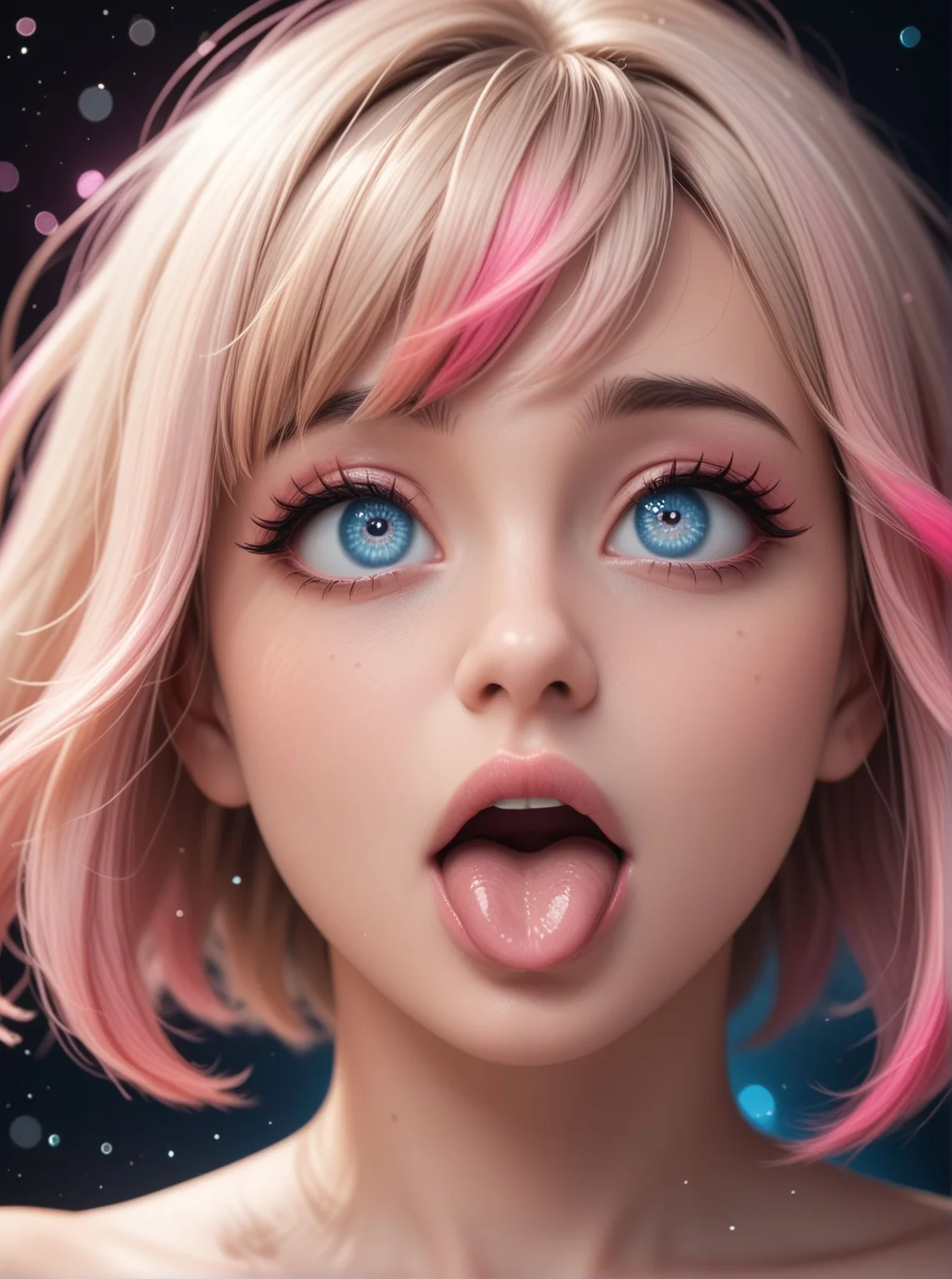 woman, close up, ahegao, tongue out, saliva, crossed eyes, rolling eyes, wide open mouth, dark background, bare shoulders, eyeliner, floating hair, floating particles, <lora:Woomy 9 Pony:0.3> blue eyes, blond, pink highlights, bangs, short hair,
