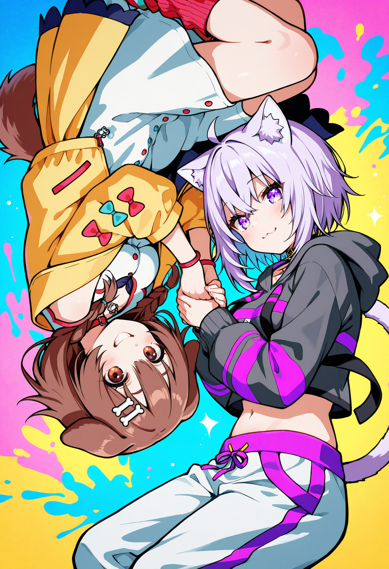 masterpiece, best quality, 2girls, rotational symmetry, smile, nekomata okayu \(1st costume\), inugami inugami korone \(1st costume\), holding hands, (multicolored background, colorful:1.2)