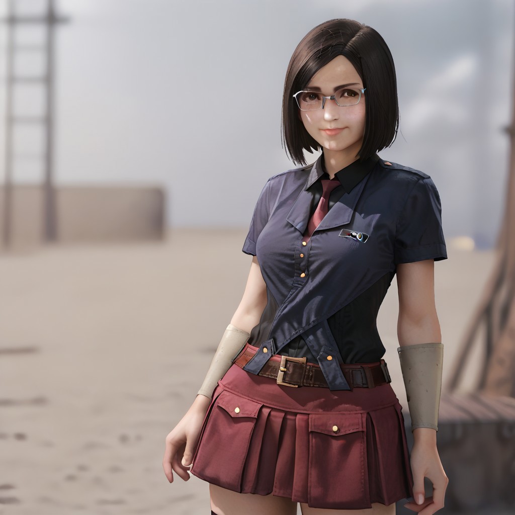 1girl, nayo_ffvii, short hair, bobcut, black hair, brown eyes, lips, medium breasts, nose, glasses, blue shirt, black undershirt, collar, collared shirt, red necktie, belt, skirt, miniskirt, red skirt, pleated skirt, chest logo, white bracelet, thighhighs, zettai ryouiki, fishnets thighhighs, brown boots, getto background, depth of field, soft smile, portrati, looking at viewer,