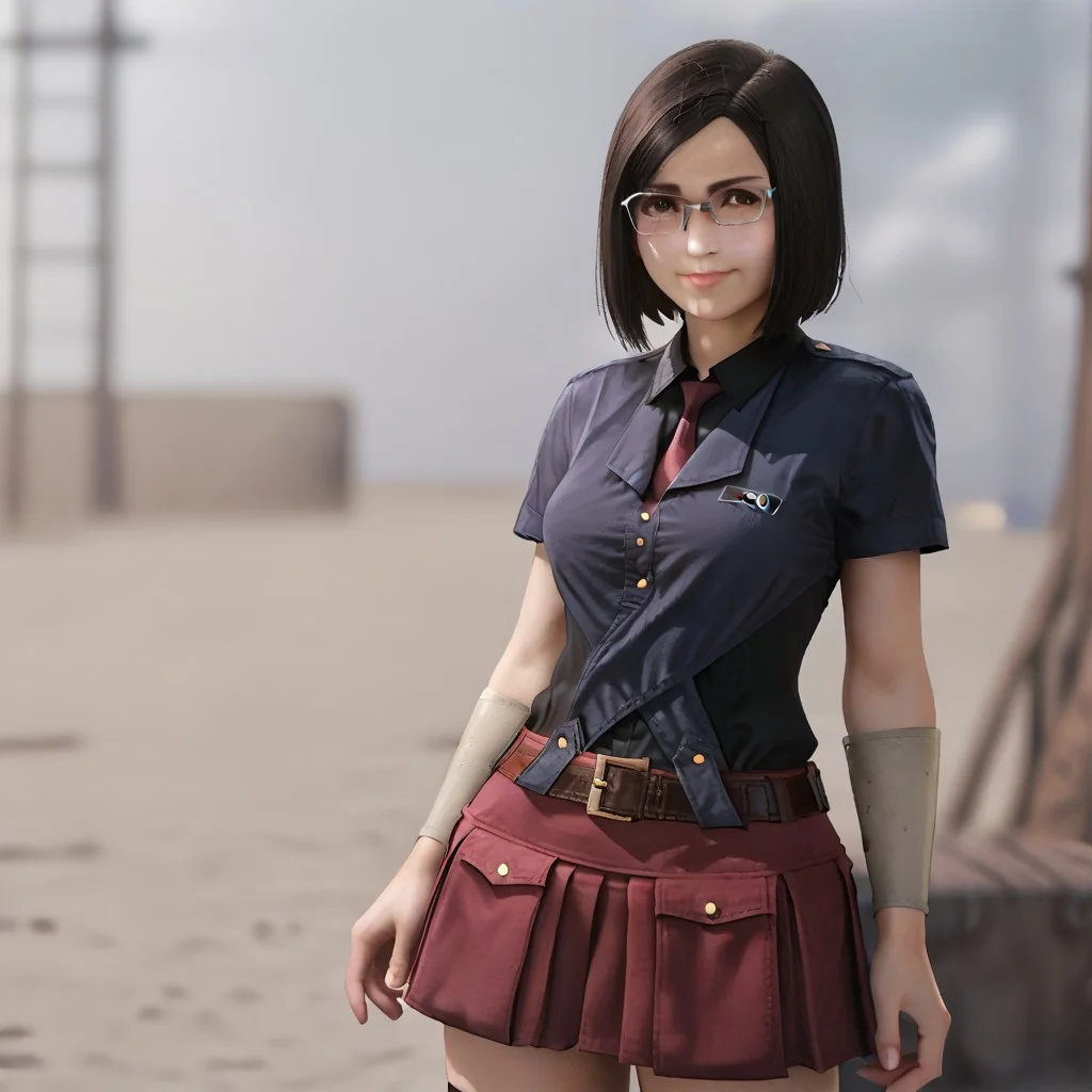 1girl, nayo_ffvii, short hair, bobcut, black hair, brown eyes, lips, medium breasts, nose, glasses, blue shirt, black undershirt, collar, collared shirt, red necktie, belt, skirt, miniskirt, red skirt, pleated skirt, chest logo, white bracelet, thighhighs, zettai ryouiki, fishnets thighhighs, brown boots, getto background, depth of field, soft smile, portrati, looking at viewer,
