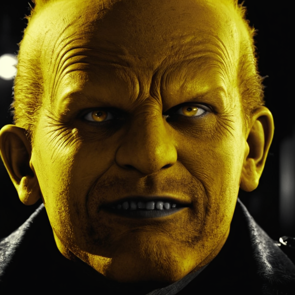 cinematic film still of  <lora:sin city style v2:1>
In Sin City universe a close up of a monster named the Yellow Bastard with a yellow face sin city style,solo,looking at viewer,smile,1boy,male focus,teeth,grin,parody,portrait,yellow theme,yellow skin,Frank Miller's Sin City,dark theme,cinematic film,comic book series,graphic novel,Neo-noir,high contrasts,sin city style,closeup , film noir, low key light, dim light, low light, dramatic light, film grain, shallow depth of field, vignette, highly detailed, high budget, bokeh, cinemascope, moody, epic, gorgeous, film grain, grainy
