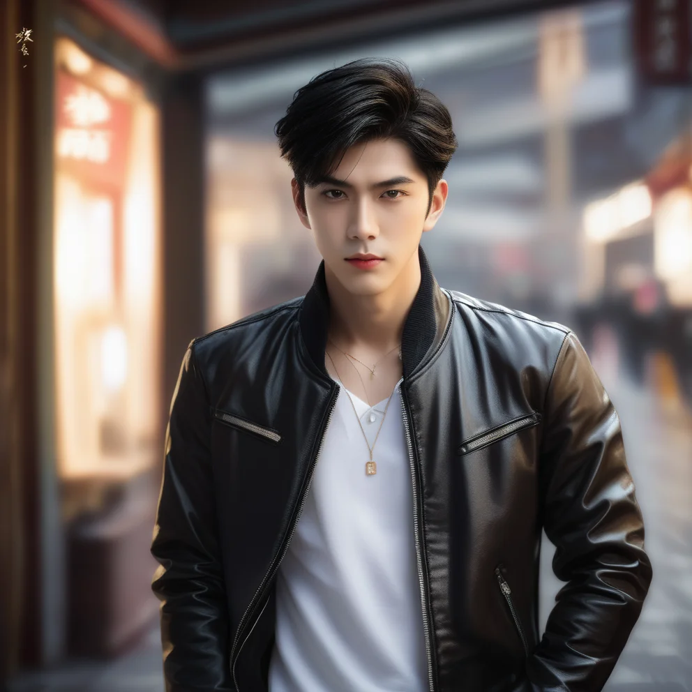 jinling,Best Quality,Masterpiece,Ultra High Resolution,(Realisticity:1.4),Original Photo,Cinematic Lighting,
HONGKONG style,HONGKONG, solo, black hair, necklace, jewelry, leather, jacket, 1boy, male focus, realistic, leather jacket, shirt, short hair, white shirt,<lora:jinlingsdxl-000005:1>