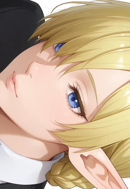 Smooth Quality,masterpiece,very intricate, high quality details, ultra realistic, high detailed skin,detailed enviorement,absurdres,
simple background, white background,
sideways,dancing,
=v=,
<lora:Kagali_cnn:0.8> 1girl, blonde hair, blue eyes, pointy ears, elf,short hair, braid, hair over one eye,suit, white shirt,