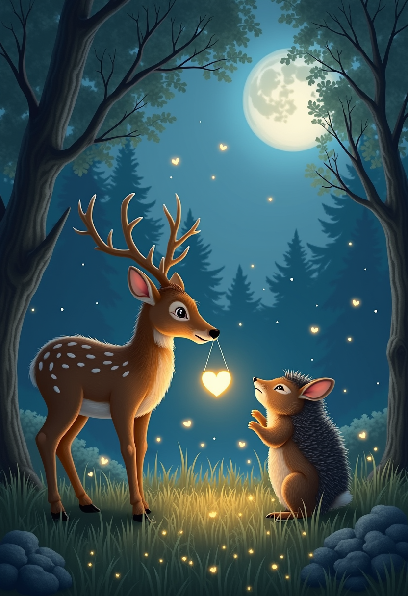 Envision a tranquil, moonlit clearing where woodland creatures gather in gentle communion. A graceful deer presents a glowing, heart-shaped pendant to a curious hedgehog, while playful rabbits chase fireflies that flicker like tiny hearts. The soft rustle of leaves and silver luminescence of the night create an atmosphere of quiet, enchanted affection, inviting you to capture the delicate magic of nature’s own love story.