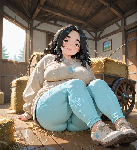 IllusP0s, PonyScores7, source_anime, ah1, IllustriousQual, interesting, exciting, spectacular, wonderful, amazing quality, absolutely eye-catching, very awa,
BREAK <lora:xl_more_art-full_v1:0.2>, <lora:aesthetic_anime_v1s:0.2>, <lora:detailxl:0.2>, detailxl, amazing quality, best aesthetic, absurdres, illustration, Volumetric_Lighting, ultra-detailed, very aesthetic, intricate details, best_quality, lazympos, <lora:Add_Details_v1.2:0.4>, <lora:quality_modifiers_masterpieces_v1:0.2>, anime style, <lora:HDA_Detailer:0.3>, <lora:natsumi_style:0.2>, <lora:by_usakun-pony:0.2>, by usakun, <lora:Akina_Bbw_Style_-_PonyXL:0.2>, AkinBw,
BREAK (((lying, on back))), dynamic pose,
BREAK 1girl, mature female, (curvy), round-chin, caucasian, <lora:ETO_OC_Illustrius:0.5>, eto_oc, skindentation, (plump), thick thighs, wide hips, busty, voluptuous, round ass, large breasts, <lora:plussizegirls_IL:0.3>, <lora:plussizegirls_pony:0.3>, <lora:shinyskin2:0.2>, glistening skin, HDA_FatGirlXL, <lora:perfection style:0.2>, perfection style, perfection,
BREAK ((Snowflake-printed leggings, oversized sweater, and fuzzy slip-on shoes)),
BREAK (curly hair), long hair, (black hair:1.4), (parted hair:1.7), messy hair, kinky curls, detailed hair, <lora:hairdetailpxl:0.2>, hairdetailpxl,
BREAK (half green and brown eyes), (colorful eyes), (multicolored eyes), (downturned eyes:1.4), expressive eyes, perfect eyes, eyes hd, detailed eyes, (round face:1.2), (thick eyebrows:1.3), (plump face), lips, <lora:Round_face:0.2>, iris lines, <lora:Detailed eyes-Illustrious:0.3>, iris and pupil, soft shimmer on the iris,
BREAK (((teary eyes expression))), Expressive, emotional, looking at viewer, Face Detailed, <lora:Expressive_H:0.2>, Expressiveh, <lora:Emotional_Anime_Expressions_PonyXL_Concept:0.2>, <lora:Best_Facial_Expression_LoRA_PONY:0.2>, looking at viewer, <lora:Detailed expressive EXEV style -XL Pony V1.0:0.2>, FaceDetail, <lora:Best_Facial_Expression_Helper_XTREME_ILLU:0.4>, kaogei,
BREAK (((A large, open barn with the upper loft filled with hay bales piled to the ceiling, On the main floor, an old wooden wagon is filled with hay, and next to it, a vintage tractor with a weathered paint job sits idle, The warm sunlight pours through the barn doors, casting soft shadows on the straw-covered floor))), (((fake screenshot))), 4k, 8k, Ultra HD, Masterpiece, Best quality, Detailed background, foreshortening, extreme perspective, full_details, <lora:AddMicroDetails_Illustrious_v4:0.3>, addmicrodetails,