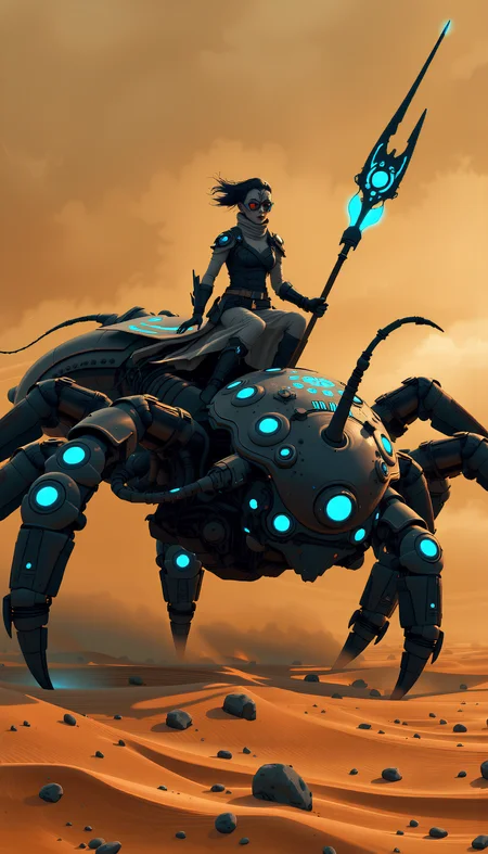 Amidst a swirling sandstorm in a vast desert, a colossal, six-legged alien resembling a scorpion advances with an organic, chitinous exoskeleton that glistens with a bluish sheen, enhanced by pulsating bioluminescent lines. Each segment of the creature's shell features jagged edges and natural spines, creating a striking silhouette against the dim light. A sturdy, intricately designed saddle is affixed to its back, made of dark leather and adorned with glowing symbols. Atop this creature sits a warrior woman in sleek, futuristic armor, gripping a lance, its blade radiating an ethereal blue light. A tattered cloth mask conceals her lower face, while goggles protect her from the stinging sands. The atmosphere is charged with tension as the swirling sand creates an almost dreamlike quality, emphasizing the otherworldly nature of the scene. aidmaimageupgrader