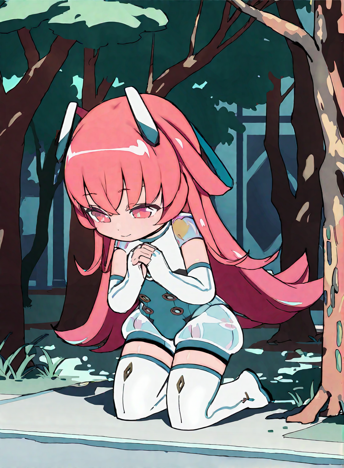 (1girl:1.2),(solo:1.2),masterpiece,best quality,highly detailed,best quality,illustration,highres,extremely detailed wallpaper,sketch,flat color,anime screencap,third-party edit,
nice hands,perfect hands,
chibi,pink hair,pink eyes,standing,thigh boots,thighhighs,long hair,(park background),happy,<lora:AganLoraXL:0.85>,kneel down
