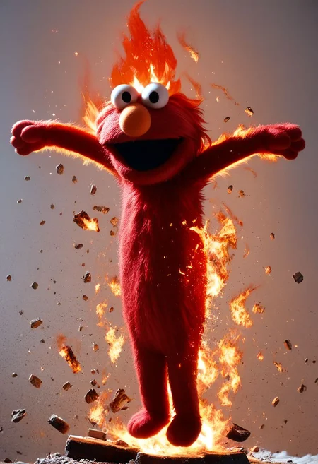 score_9, score_8_up, webby vanderquack | elmo, masterpiece,best quality, (((elmo))), muppet, furry, fluffy, (cute), red fur, thin torso, thin arms, demonic laugh, arms up, (((arms straight))), looking upwards, upper body, chibi, holding animal, holding person, (((flames in the background))), red sky, surrounded by fire, fire in the background, everything on fire, debris in the air, ignar, hd, photo