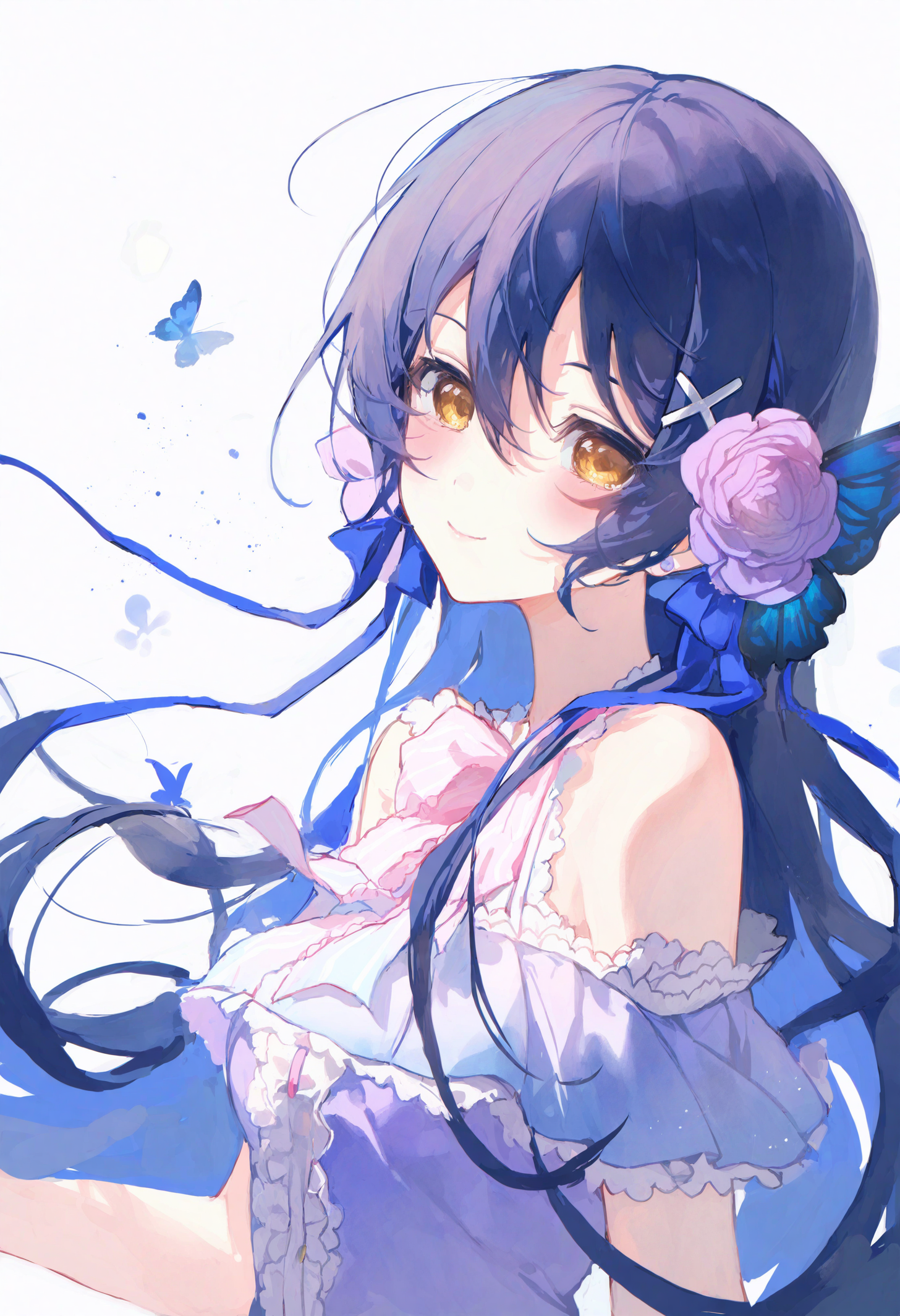 <lora:match2_noob1.1-000190:1>,
1girl, solo, sonoda umi, hair ornament, long hair, blue hair, flower, yellow eyes, hair flower, hair between eyes, butterfly hair ornament, dress, smile, looking at viewer, x hair ornament, blush, butterfly, white background, bare shoulders, closed mouth, ribbon, simple background,
masterpiece,best quality,newest,absurdres,highres,very awa,