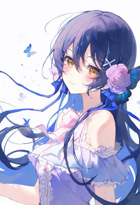 <lora:match2_noob1.1-000190:1>,
1girl, solo, sonoda umi, hair ornament, long hair, blue hair, flower, yellow eyes, hair flower, hair between eyes, butterfly hair ornament, dress, smile, looking at viewer, x hair ornament, blush, butterfly, white background, bare shoulders, closed mouth, ribbon, simple background,
masterpiece,best quality,newest,absurdres,highres,very awa,