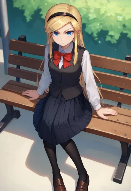 score_9, score_8_up, score_7_up, 1girl,  Kojikira, blonde hair, long hair, blue eyes, hairband, hairpin,  red bowtie, black vest, white shirt, black skirt,  black pantyhose, sitting,  looking at viewer,  bench,    <lora:Akira-000008:1>