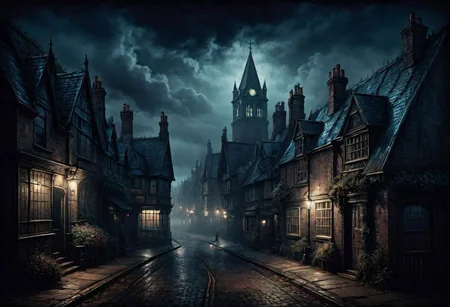 a landscape of a english town close to the sea,
dark ambient, horror vibe, blueish fog, victorian epoch,
Lovecraft theme,
masterpiece, highly detailed,
EdobHorrorLandscape,