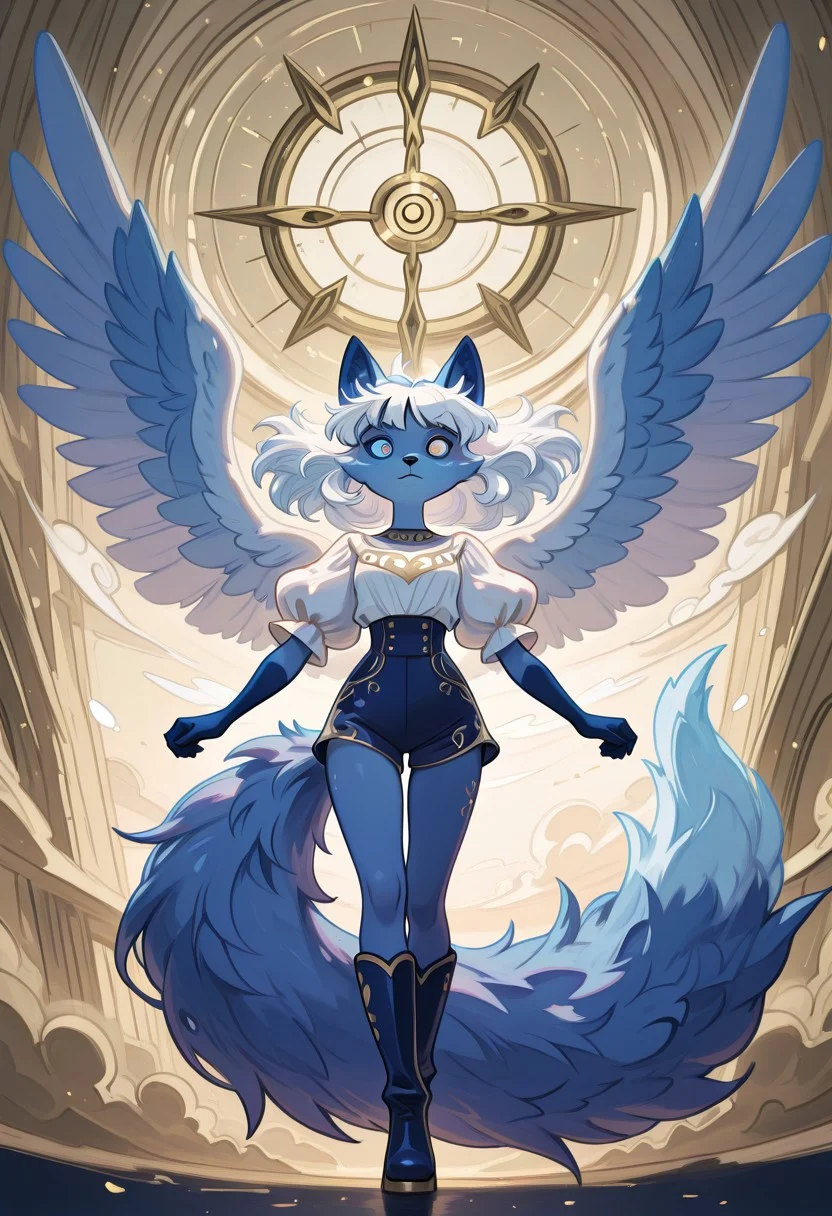illustration,flatline, Flatline, Flat vector illustration, flatcolor, BREAK dynamic angle, Dynamic pose, 1girl, furry, FURRY, female, fox girl, angel, white angel wings, (light blue fur), heterochromia, left Grey eye, right golden eye, (fluffy light blue fox ears), (fluffy light blue fox tail), tenshi kaiwai, (white hair),S4ilor_style_illu, medium hair, fluffy hair, (fluffy straight bangs),AMAZING QUALITY, blue high waist shorts, white blouse with short puffy sleeves and gold details, knee high dark blue boots, dangpa