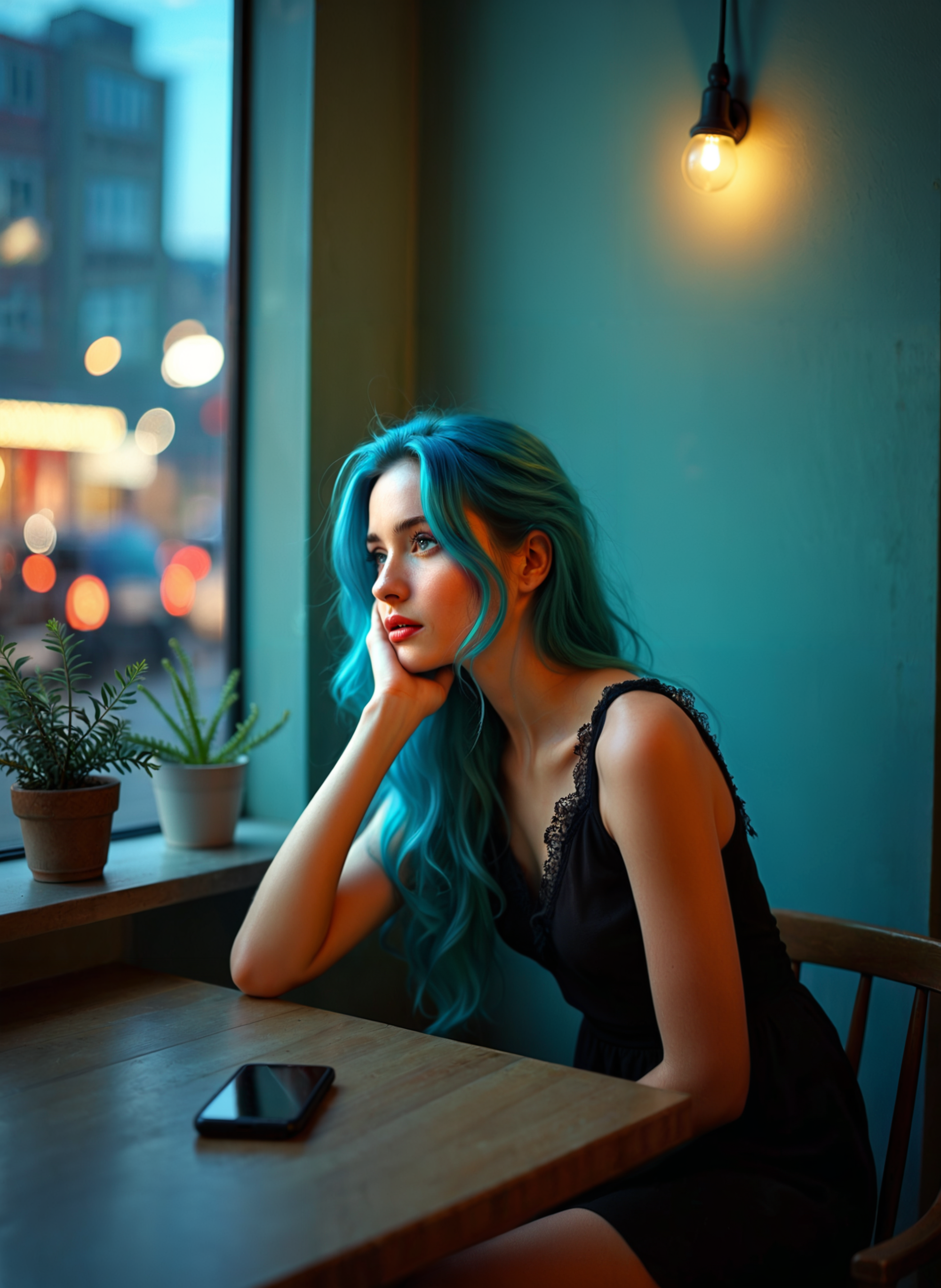 Photograph of a young woman sitting at a wooden table in a cafe or restaurant. She is wearing a black sleeveless dress and has long, wavy blue hair that is styled in loose waves. She has a thoughtful expression on her face and is resting her chin on her hand, as if she is deep in thought. The background shows a window with a view of a city street at night, with buildings and cars visible through it. There are two potted plants on the windowsill and a lightbulb hanging above the table. The overall mood of the image is contemplative and contemplative. <lora:add-detail-xl:.5>  <lora:Flux-style-xl-lora:.5>