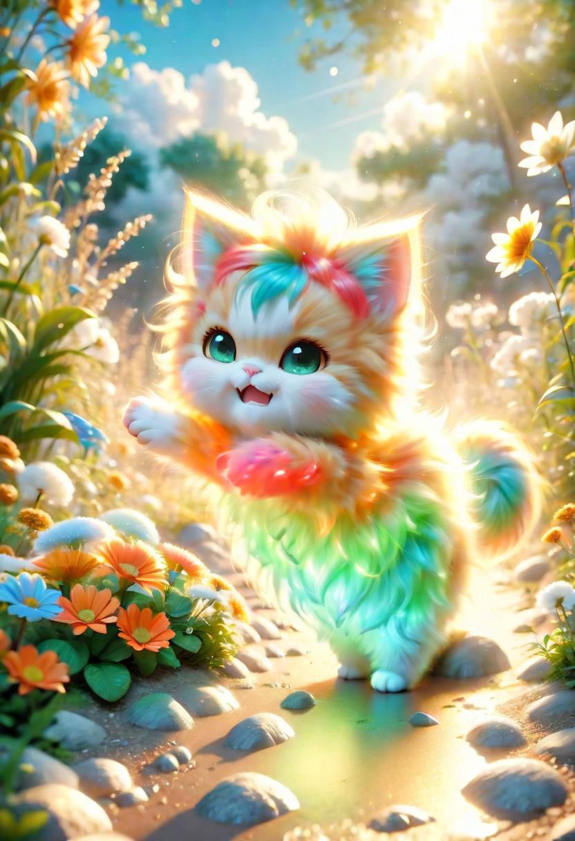 ral-fluff,<lora:ral-fluff:1>,
chibi,masterpiece,best quality,original,official art,cat,flower,blurred background,cartoon rendering,beautiful detailed glow,(detailed ice),beautiful detailed sun,sunny, blurred flower, happy, big grin