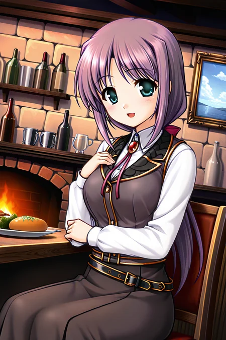 masterpiece, best quality, absurdres, official art, official style, rating generael BREAK <lora:lavria_IL_v1-1:0.7>, lavria, 1girl, solo, aqua eyes, green eyes, purple hair, very long hair, parted bangs, hair intakes, sidelocks, low ponytail, hair bow, pink bow, medium breasts BREAK large breasts, brooch, bolo tie, black vest, black collar, white shirt, dress shirt, collared shirt, long sleeve shirt, belt, belt buckle, skirt set, black skirt, long skirt, looking at viewer BREAK sitting, looking at another, indoors, plate, bottle, barrel, painting, shelf, counter, picture frame, brick wall, wine bottle, wooden wall, closed mouth, table, fireplace, hands on own chest, cowboy shot, glass, beer mug, frying pan, drinking glass, bucket, dutch angle, painting on wall, bar \(place\), blush, :d, ^o^, close-up, closed eyes, facing viewer, happy, open mouth, portrait