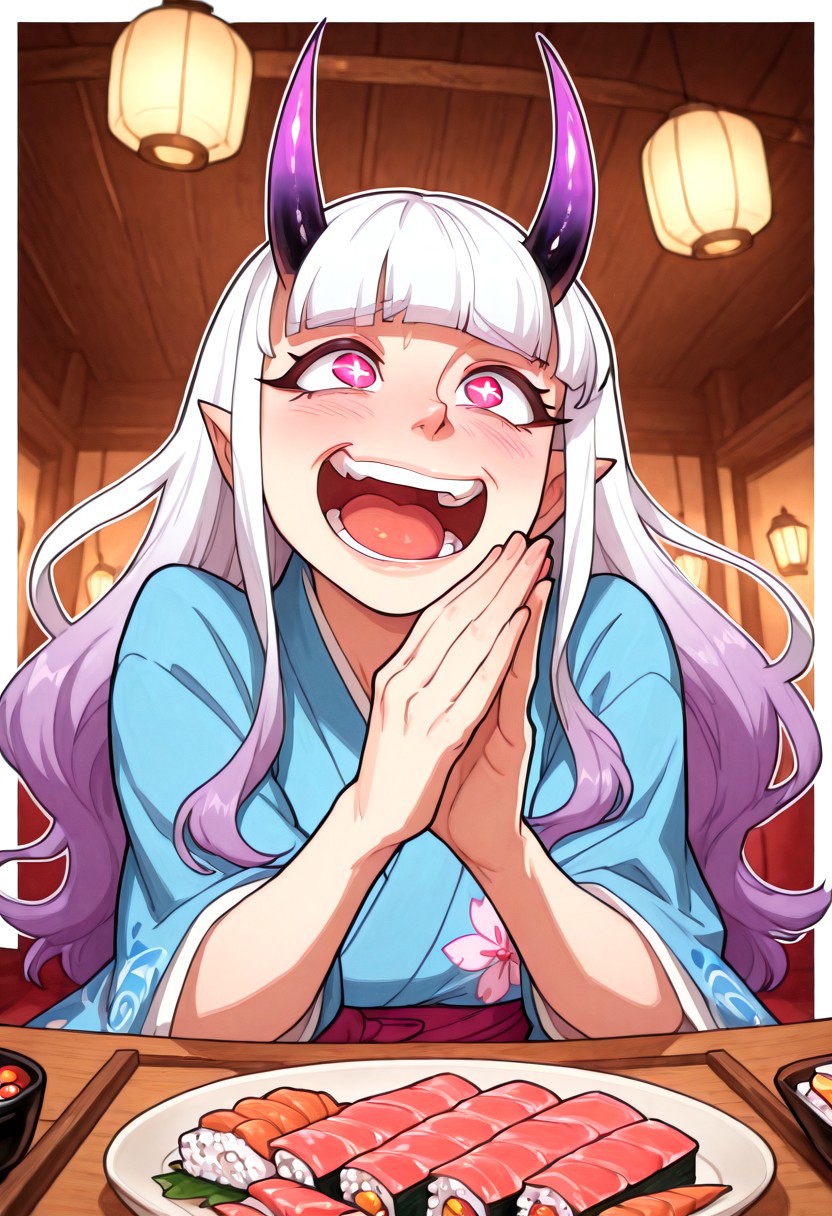 masterpiece, absurdres, highres, best quality, HD, dynamic lighting, shading, white outline, intricate details, uncensored,
1girl, solo, single, white hair, lavender shaded hair, blunt bangs, shiny hair, glittery hair, shimmering hair, Oni horns, purple horns, black horns, pointed ears, sushi, nigiri, sashimi, sushi platter, restaurant, small sushiya, lantern lighting, hanging lanterns, east, kimono, blue kimono, pink kimono, floral pattern, sitting, excited, happy, bright eyes, glittery eyes, hands together, blushing, open mouth, teeth, white borders