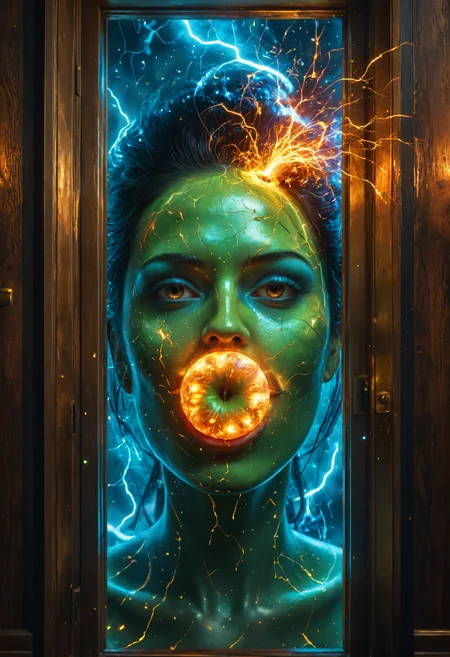 Psychedelic style ((( A beautiful Compassionate, 38 years old woman, with Long raven-black hair cascading like silk; striking gray-blue eyes full of intrigue; smooth porcelain skin accentuated by a subtle glow., Quantum Superposition Warrior: Exists in multiple states simultaneously, attacking from all of them. ,16. Sophisticated Jazz Bar with Live Music, )))
(((with exaggerated expressions))) Wearing a Magritte-inspired Apple Face: The veggie's face is obscured by a large, green apple., Unique Perspectives Through Windows/Doors: Frame subjects through architectural openings like windows or doors for added context while creating intriguing compositions layered within frames!.(dynamic:1.1),sun rays,
(Vivid, HDR, Canon50, 8K, Hyper Realistic, Dramatic, Epic, Dynamic Contrast, Cinematic Lighting, increased brightness)(((Zoomed Out, Far away Shot))) = =. Epic dynamic lighting , vibrant,highly detailed,psychedelic,((Psychedelic, rainbow glow ))
((Vivid, Epic, Dynamic contrast)) (((Zoomed out, Far away shot, In frame)), (((Cinematic, Studio lighting, Contrast)))
<lora:juggernautXL_version6Rundiffusion:0.8><lora:rundiffusionXL_beta:0.8><lora:epicrealismXL_v5Ultimate:0.8><lora:crystalClearXL_ccxl:0.9><lora:extremely_detailed:0.8> extremely detailed
<lora:hyperkraximalism:0.3> hyperkraximalism
<lora:QuadpipeQp_sdxlV2:0.4>
<lora:xl_more_art-full_v1:0.1>
<lora:RMSDXL_Darkness_Cinema:0.4>
<lora:glowneon_xl_v1:0.8> glowneon, glowing, sparks, lightning, - Generate images with sharp edges and fine details.
- Produce high-resolution images with no blurriness or distortions.
- Create images with clear and well-defined subjects.
- Ensure that the output images have crisp lines and distinct features.
- Generate images with vibrant colors and accurate tones.
- Avoid noise or artifacts in the generated images.
- Focus on producing clear textures and patterns in the images.
- Emphasize clarity and definition in all aspects of the generated images.
- Prioritize the sharpness and clarity of the main subjects in the images.
- Optimize the AI model to produce clear and visually appealing images., Wlop, By art germ . Vibrant colors, swirling patterns, abstract forms, surreal, trippy