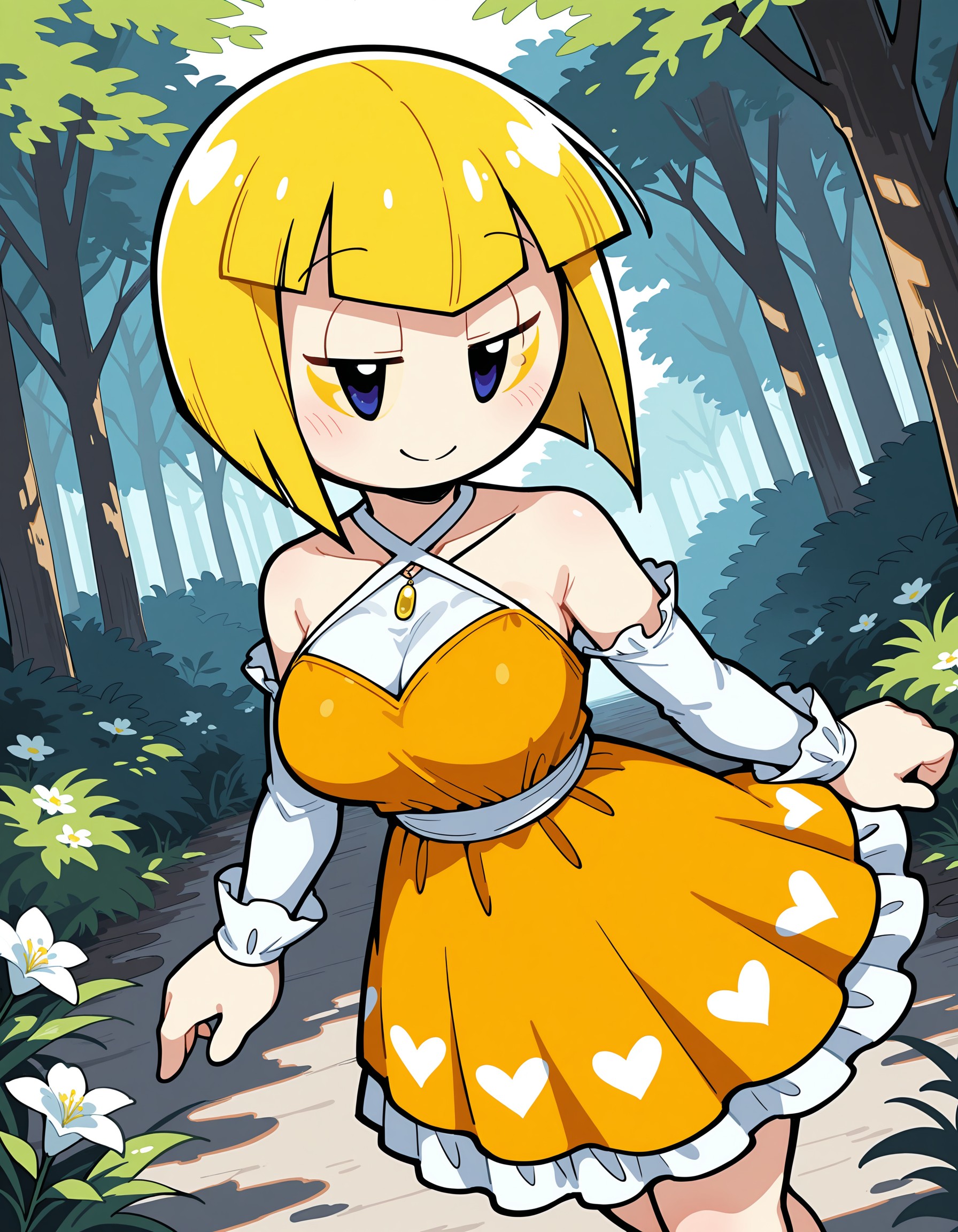 masterpiece, best quality, amazing quality, very detailed, newest, no humans, solo, anthro, WnKrbZnPrtznn, blonde hair, short hair, floating hands, looking at viewer, (elegant), dynamic pose, dynamic angle, (mature), outdoors, smile, summer dress, orange dress, (heart motif), flowers, nature, windy, half-closed eyes, (no nose), detached sleeves, halterneck, layered clothing, jewellery, , <lora:6181c8c8-c962-4334-b2cb-3dfb77597397:0.9>
