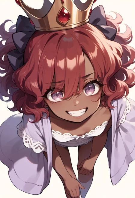 score_9, score_8_up, score_7_up, score_6_up, 1girl, solo, source_anime, small breasts, (dark skin:1.2), (petite:1.1), wavy_hair, red hair, medium hair, hair bun, hair over eyes, pastel lavender eyes, eyelashes, hair_bow, light purple kneehighs, from_above, bent_over, evil grin, intense stare, crown