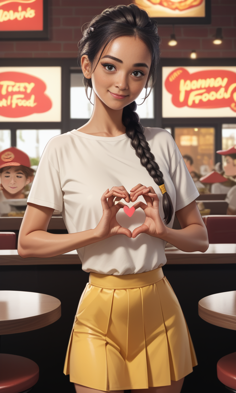 score_9, score_8_up, score_7_up, score_6_up, score_5_up, score_4_up,  slim girl in a fast food restaurant  ,  fiheartcl,  making heart with hands, yellow short skirt and white blouse   , a dark braided ponytail    <lora:FingerHeartPony:.8>