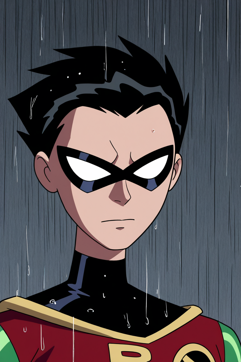 masterpiece, best quality,    rbn, solo, looking at viewer, black hair, 1boy, closed mouth, male focus, bodysuit, mask, portrait, rain, superhero, domino mask,   <lora:TTitansStyleIXL:1.0>,