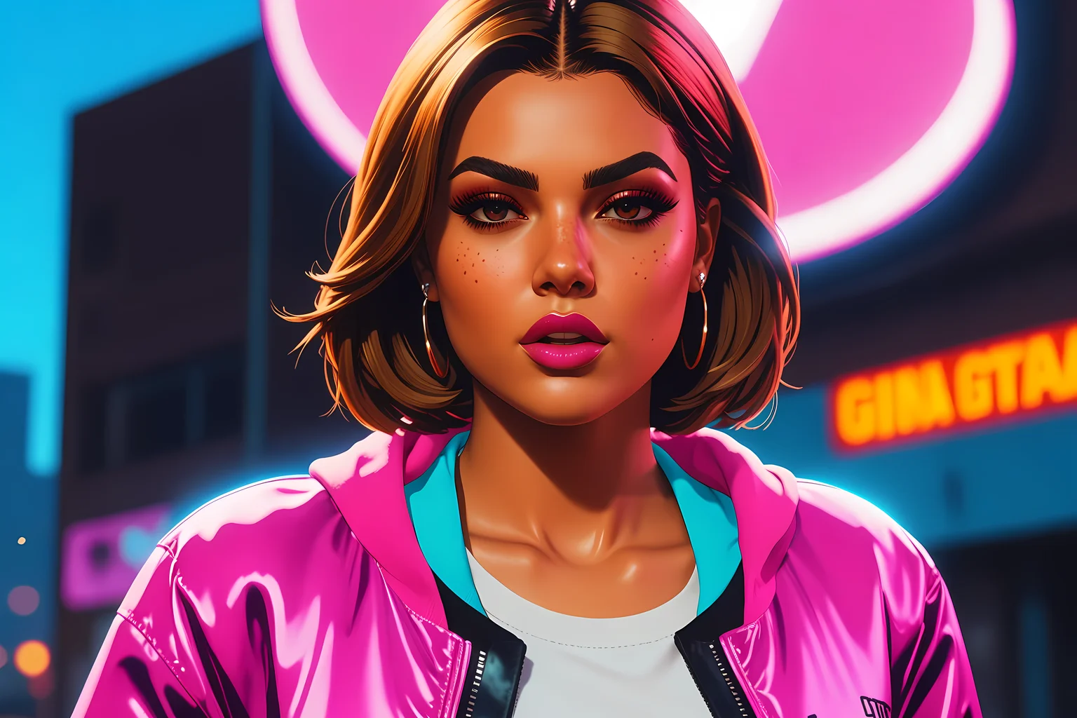 UHD, 8K, ultra detailed, a cinematic photograph of GTA-style artwork 1girl . satirical, exaggerated, pop art style, vibrant colors, iconic characters, action-packed, beautiful lighting, great composition