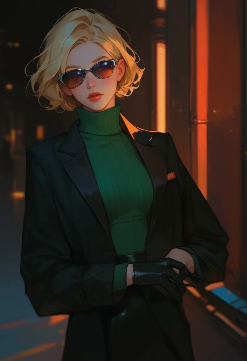 score_9, score_8_up, score_7_up, score_6_up, score_5_up, score_4_up, turtleneck sweater, black sweater, pale skin, semi-realism, medium breasts, tight clothes, dark narrow corridor, black latex gloves, formal suit, black suits, blonde hair, great artist, 8k, black formal jacket, shadows, cinematic scene, sunglasses, depth of field,
