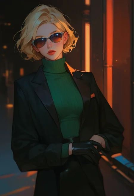 score_9, score_8_up, score_7_up, score_6_up, score_5_up, score_4_up, turtleneck sweater, black sweater, pale skin, semi-realism, medium breasts, tight clothes, dark narrow corridor, black latex gloves, formal suit, black suits, blonde hair, great artist, 8k, black formal jacket, shadows, cinematic scene, sunglasses, depth of field,